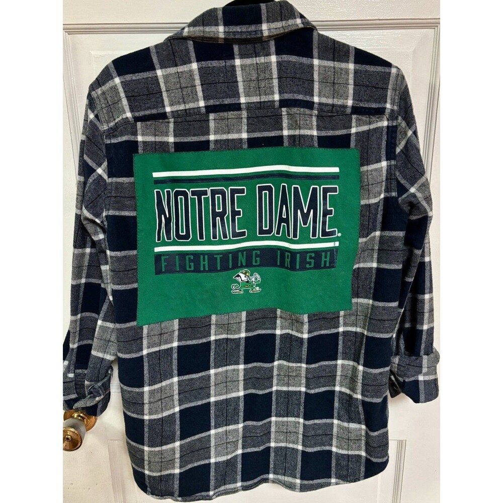 Note Dame Fighting Irish Upcycled Flannel  Navy Plaid Shirt Size Men’s Medium